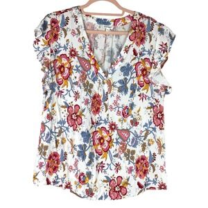 Nicole Miller New York Floral Paisley V-Neck Flutter Sleeve Blouse White 1X